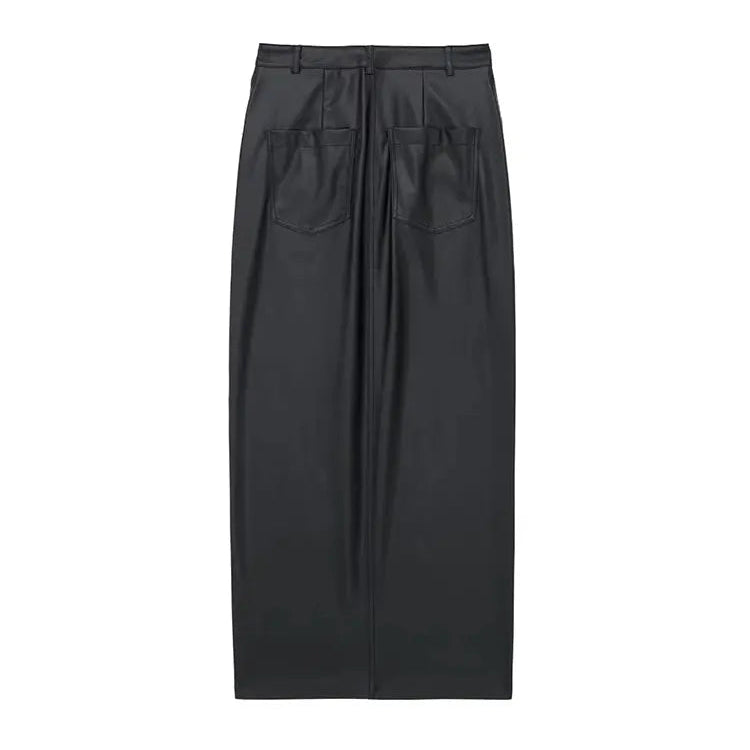 Autumn Women's Zipper Fly Lady Skirts Mujer Side Pockets Faux Leather Midi Skirt Clothing