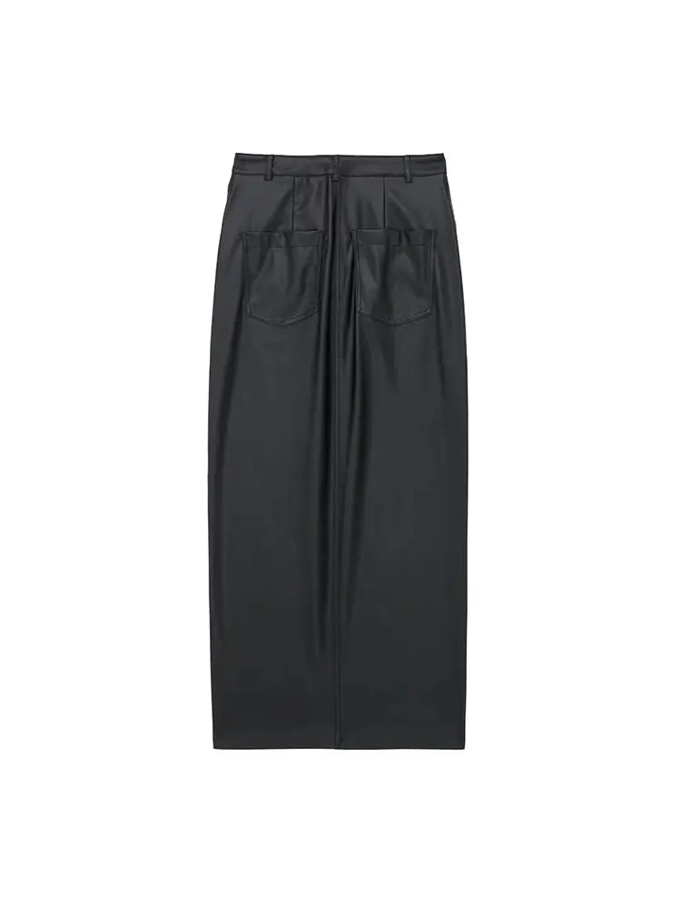 Autumn Women's Zipper Fly Lady Skirts Mujer Side Pockets Faux Leather Midi Skirt Clothing