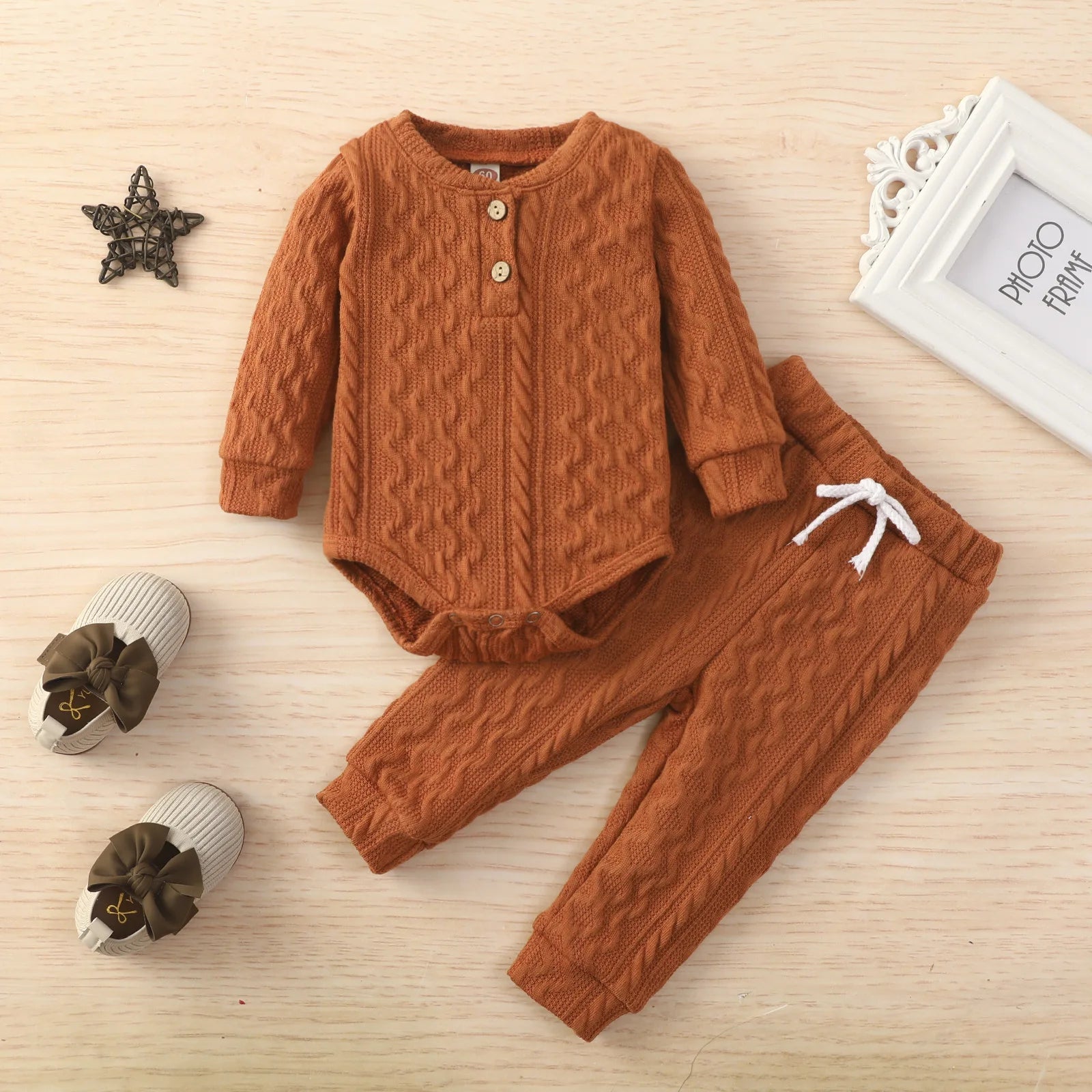 Autumn and Winter Baby And Toddler Baseball Collar Knitted Jacquard Fabric Jumpsuit+Elastic Waist Pants Casual Set Orange