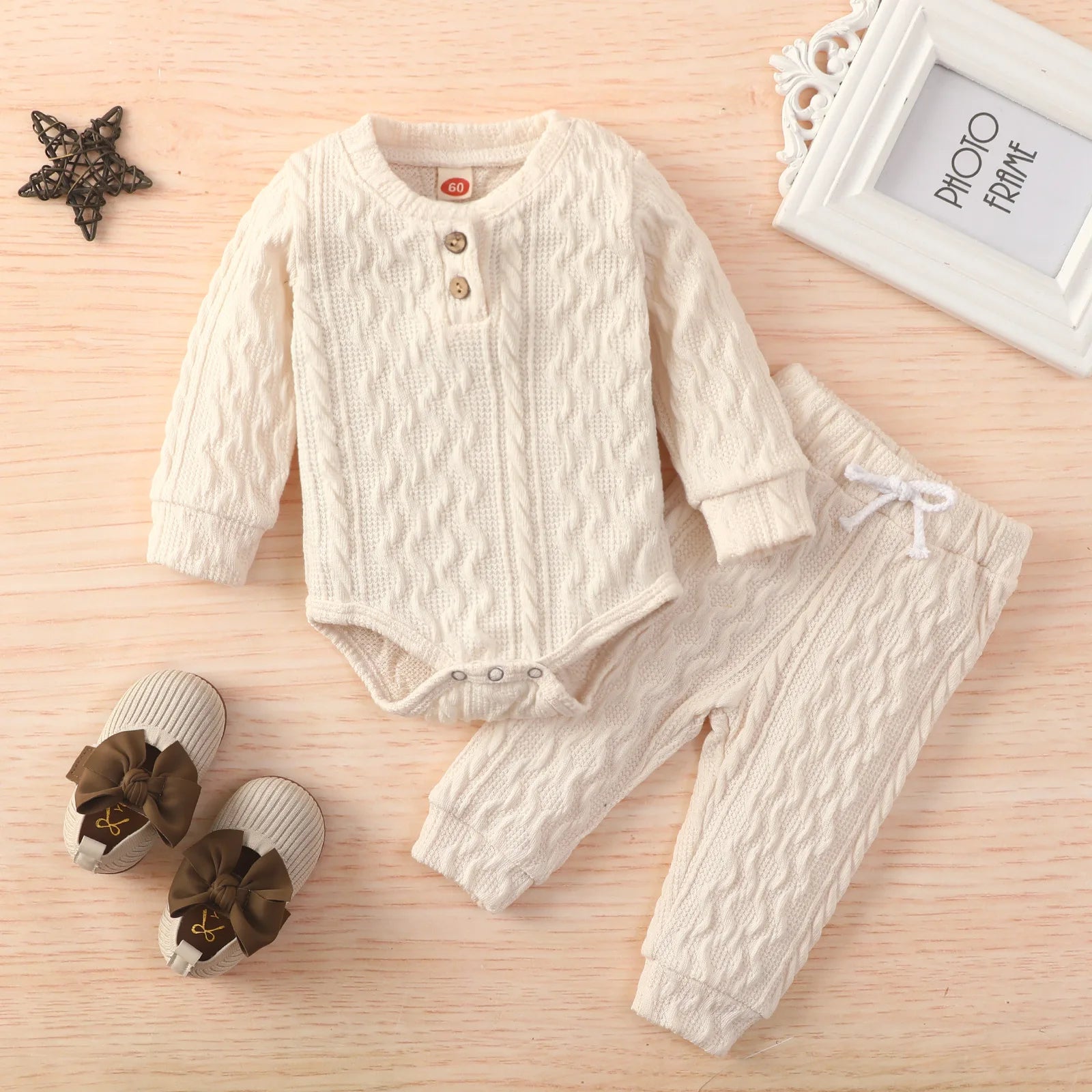 Autumn and Winter Baby And Toddler Baseball Collar Knitted Jacquard Fabric Jumpsuit+Elastic Waist Pants Casual Set Beige