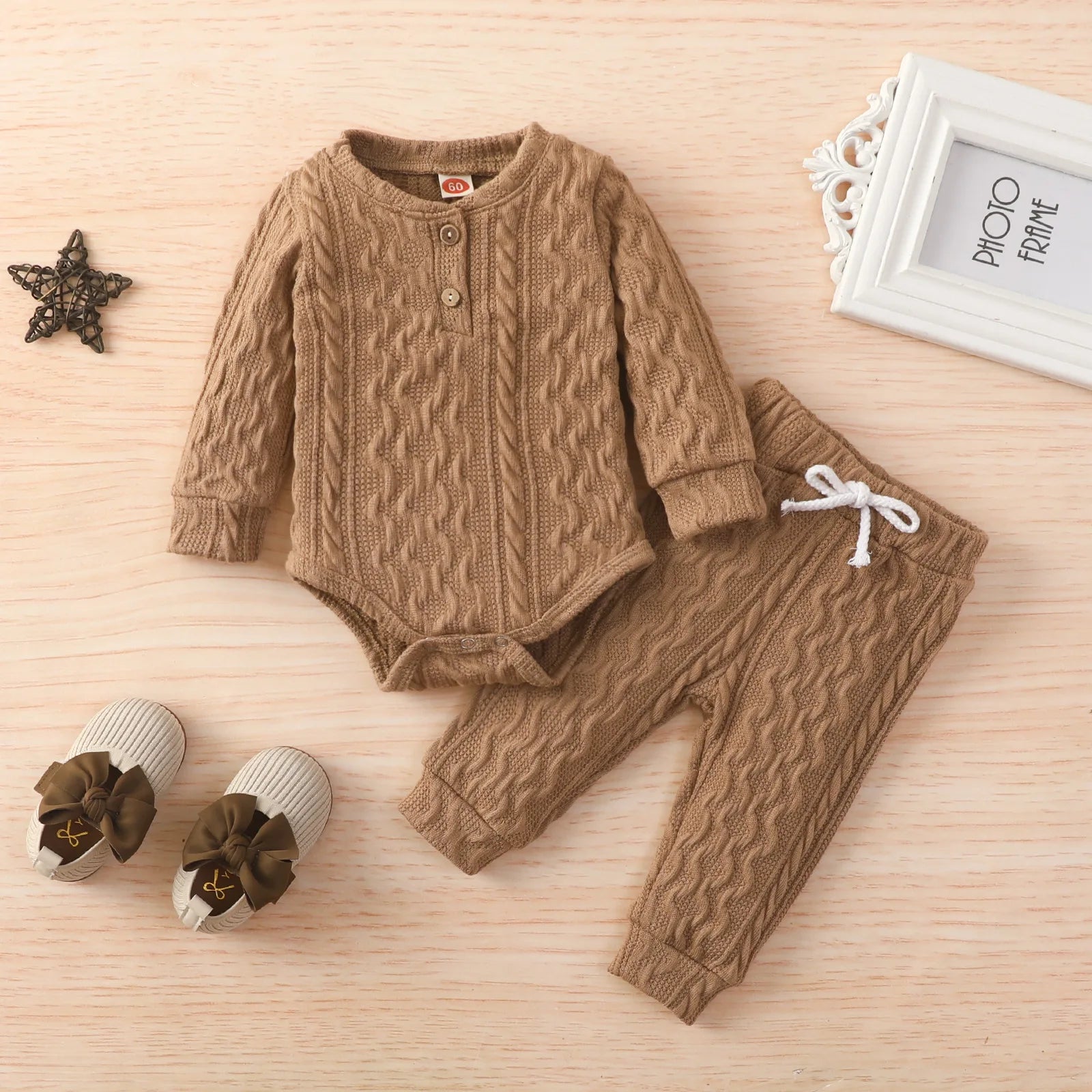 Autumn and Winter Baby And Toddler Baseball Collar Knitted Jacquard Fabric Jumpsuit+Elastic Waist Pants Casual Set Khaki