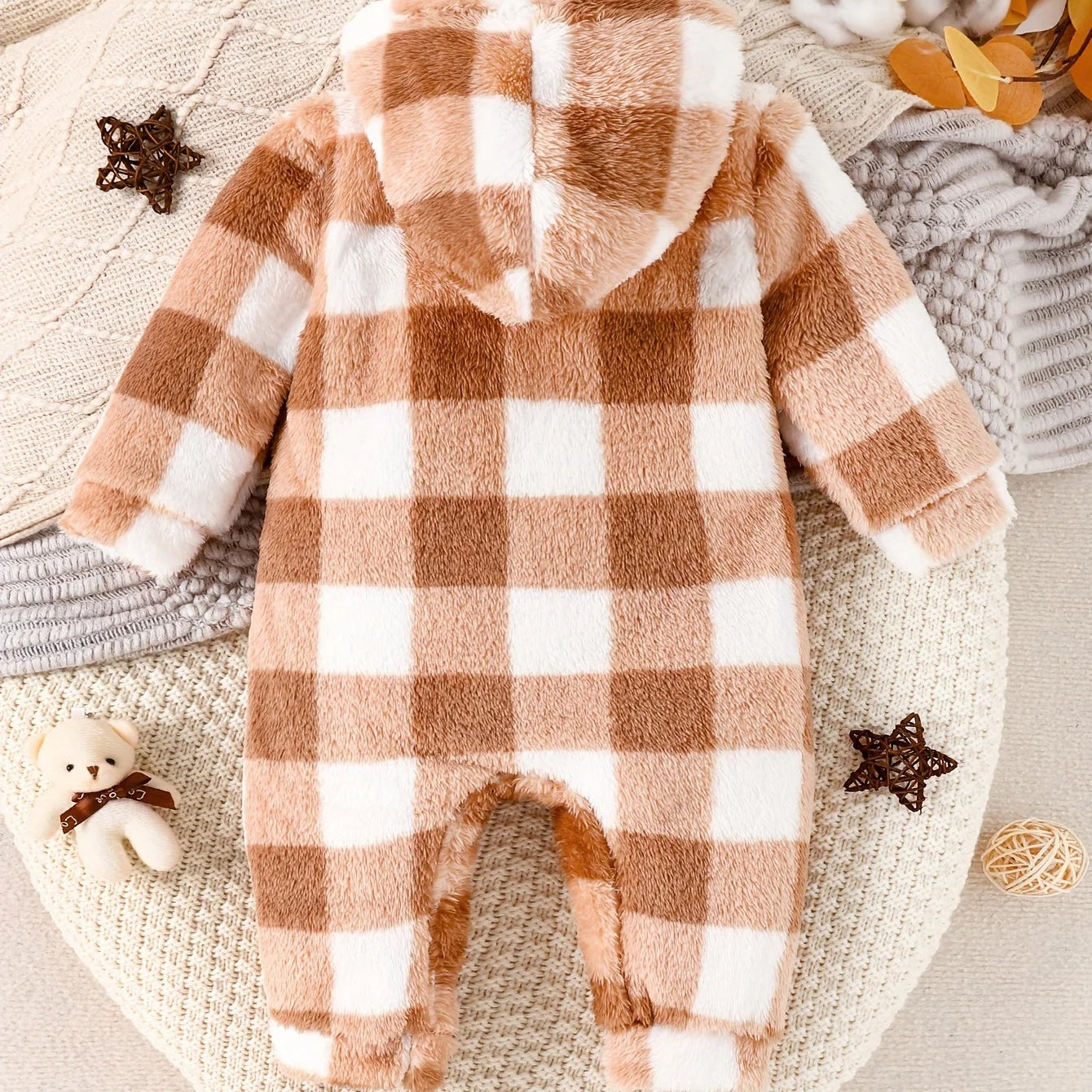 Autumn and Winter Baby Girls' Onesie Brown Plaid Soft Arctic Velvet Hooded and Feet Cute Newborn Warm Clothing Baby Romper