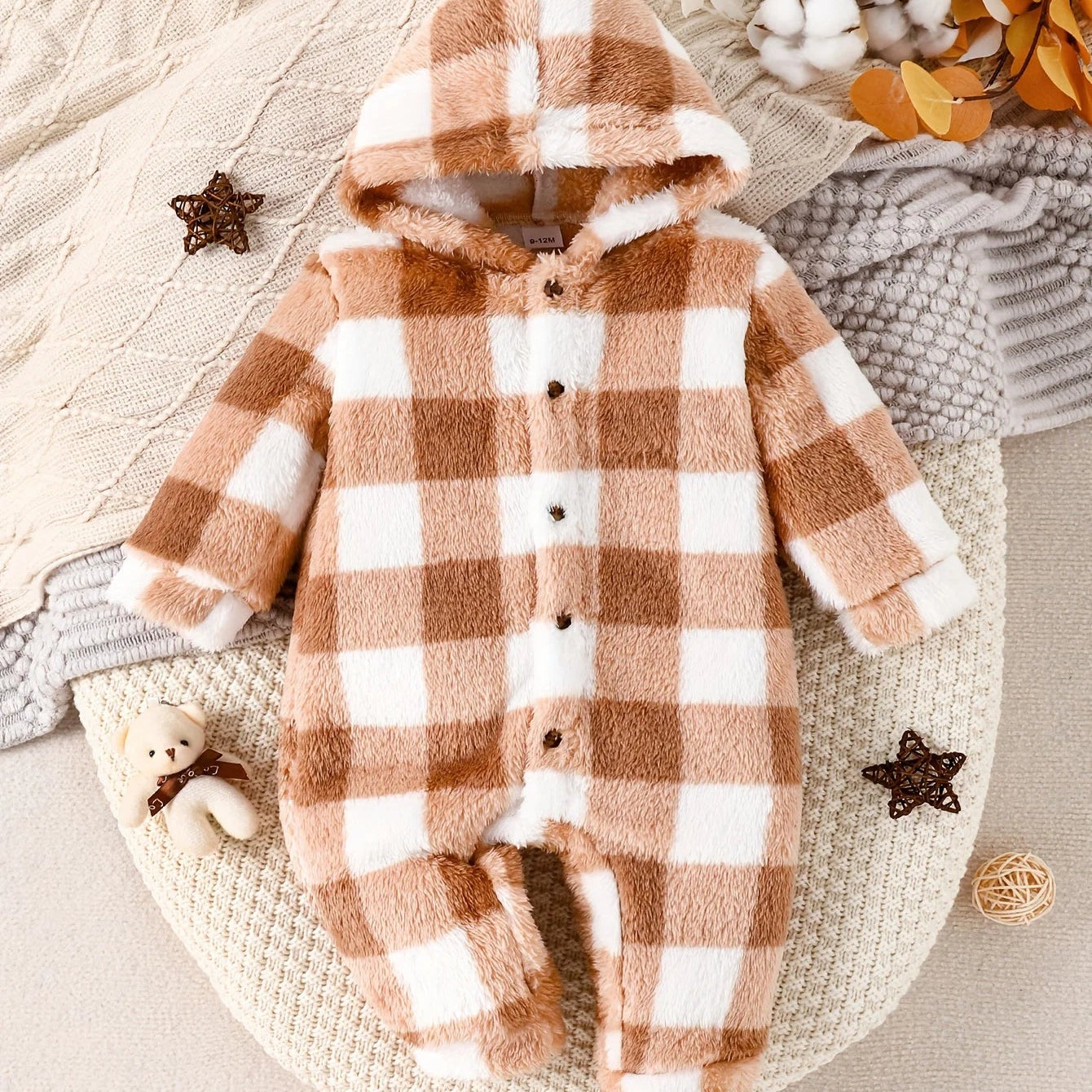 Autumn and Winter Baby Girls' Onesie Brown Plaid Soft Arctic Velvet Hooded and Feet Cute Newborn Warm Clothing Baby Romper Light brown