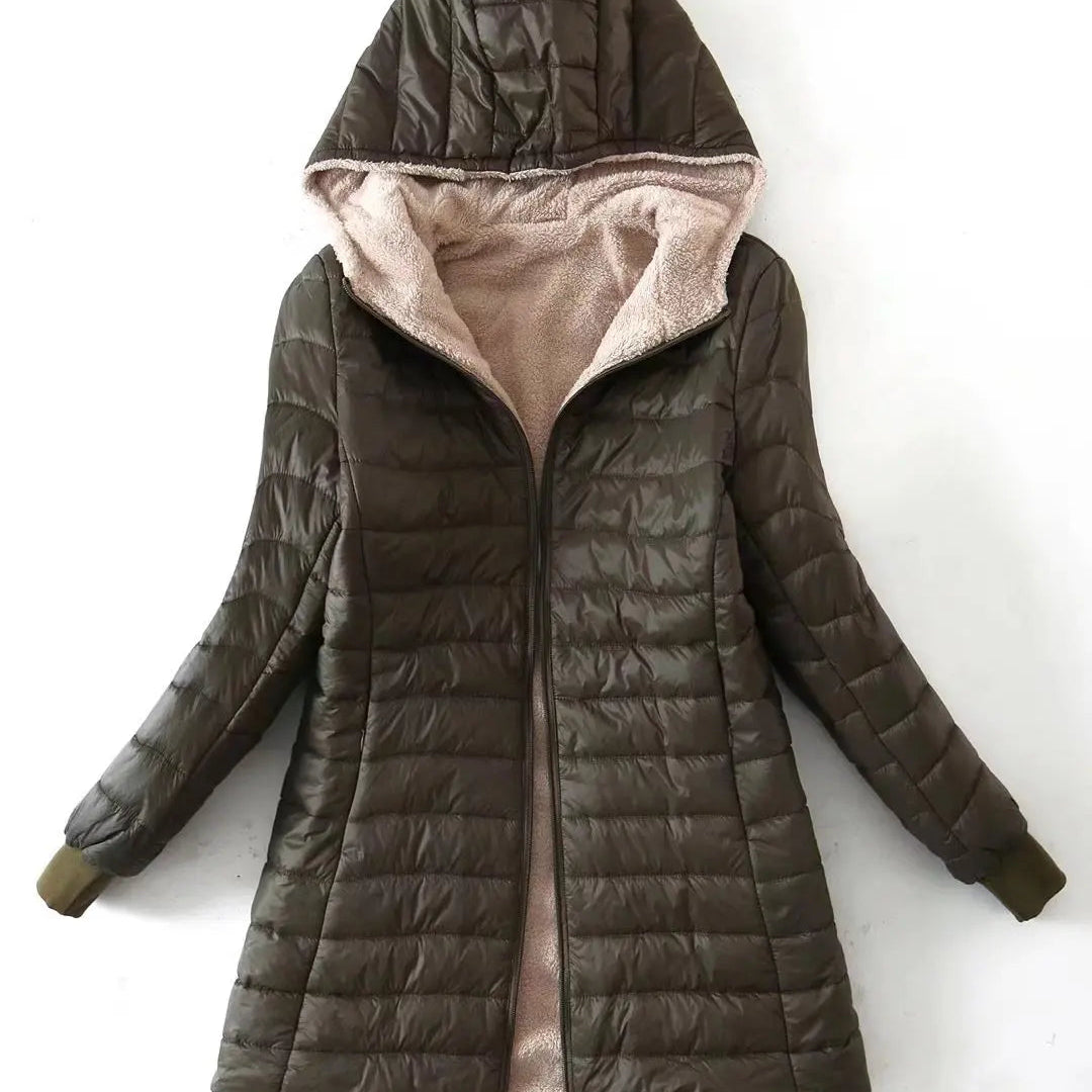 Autumn and Winter Korean Style Mid-length Hooded Cotton Coat for Women Lambswool Warm Cotton Coat and Velvet Jacket Top army green