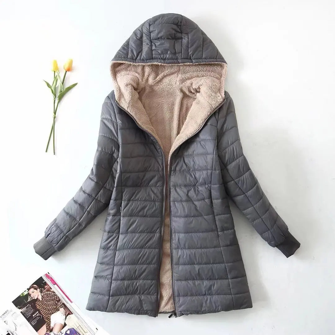 Autumn and Winter Korean Style Mid-length Hooded Cotton Coat for Women Lambswool Warm Cotton Coat and Velvet Jacket Top GRAY