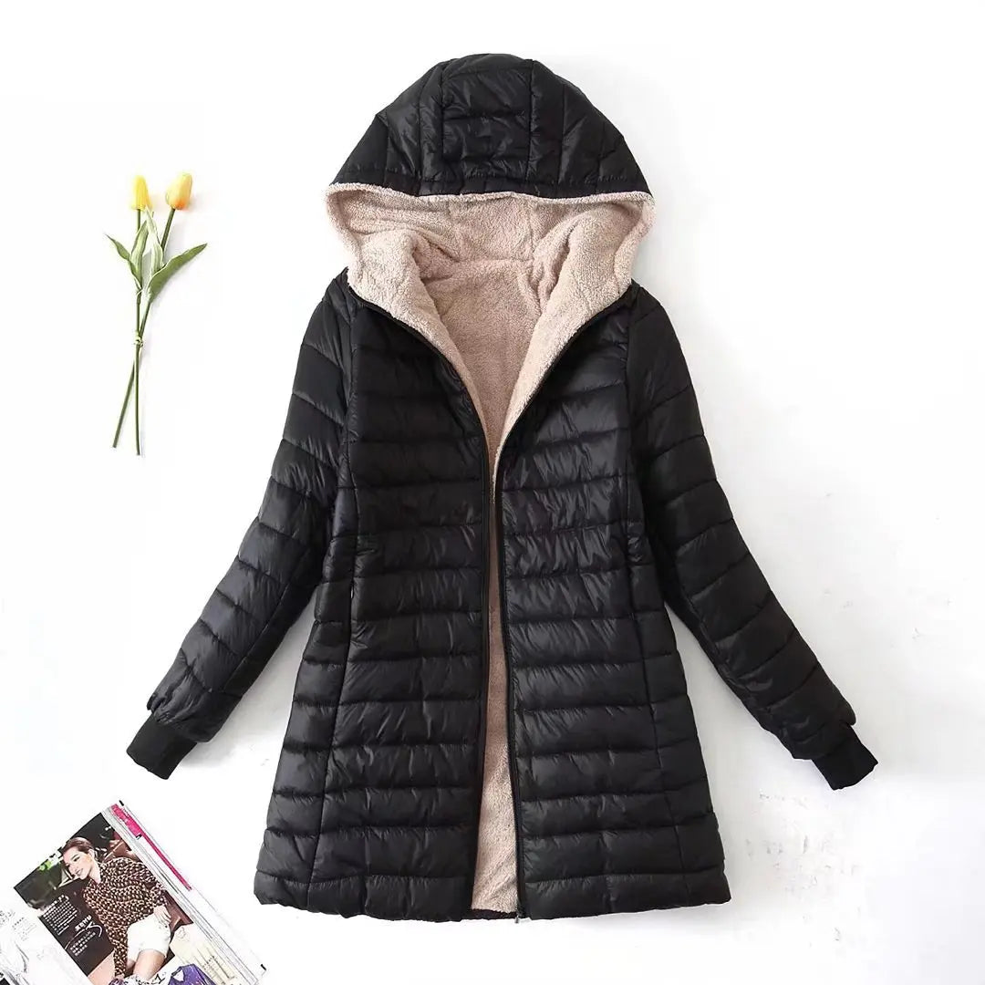 Autumn and Winter Korean Style Mid-length Hooded Cotton Coat for Women Lambswool Warm Cotton Coat and Velvet Jacket Top black