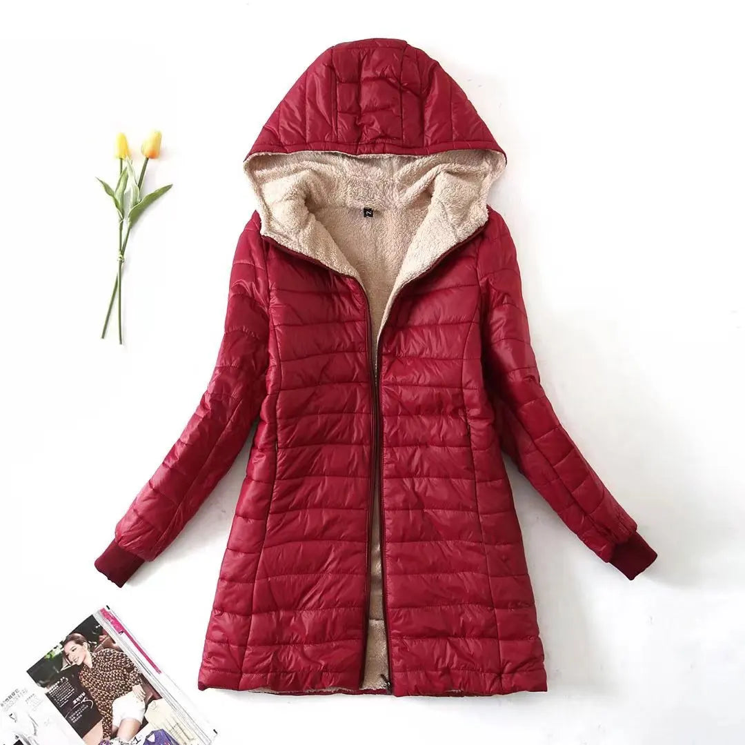 Autumn and Winter Korean Style Mid-length Hooded Cotton Coat for Women Lambswool Warm Cotton Coat and Velvet Jacket Top Burgundy