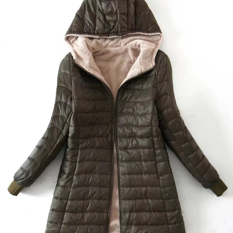 Autumn and Winter Korean Style Mid-length Hooded Cotton Coat for Women Lambswool Warm Cotton Coat and Velvet Jacket Top