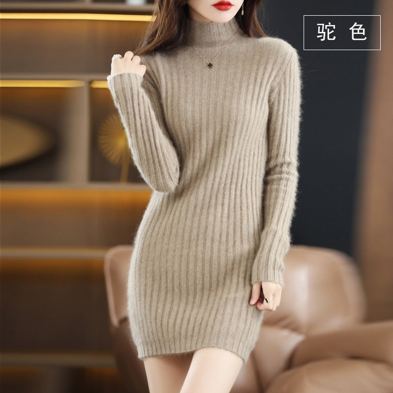 Autumn and Winter Long Women's Sweater 100% Mink Cashmere High Neck Knitted Pullover Korean Fashion Soft Women's Top Camel