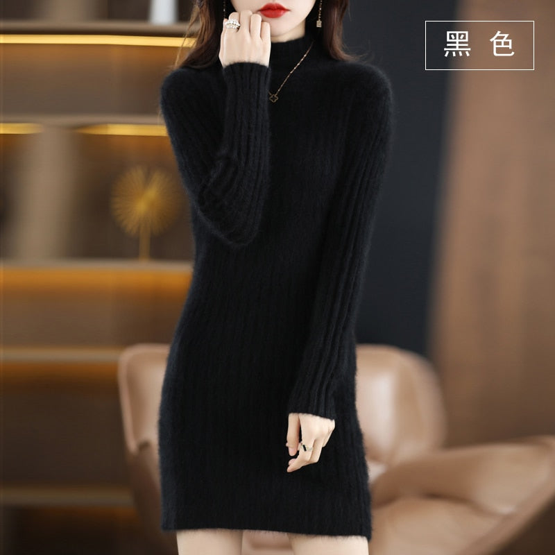 Autumn and Winter Long Women's Sweater 100% Mink Cashmere High Neck Knitted Pullover Korean Fashion Soft Women's Top Black