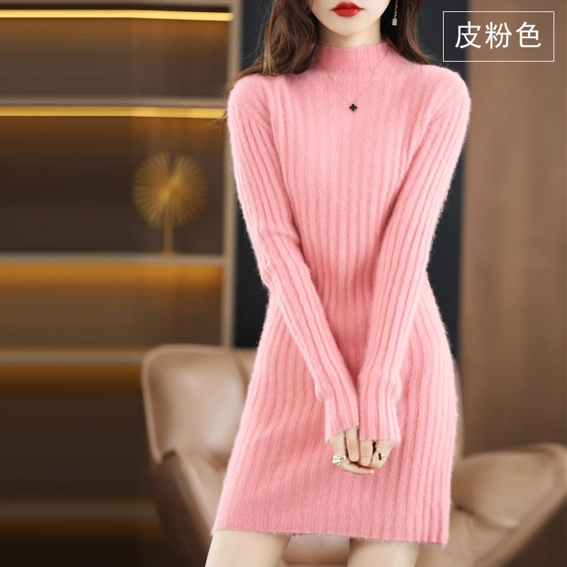 Autumn and Winter Long Women's Sweater 100% Mink Cashmere High Neck Knitted Pullover Korean Fashion Soft Women's Top Pink