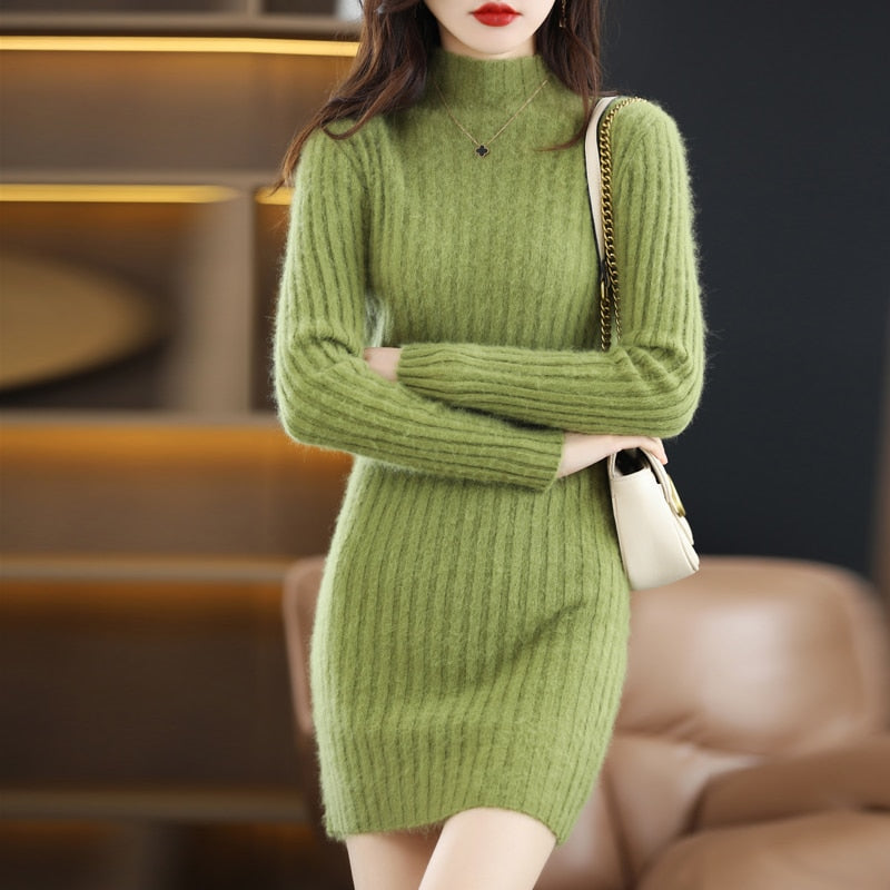 Autumn and Winter Long Women's Sweater 100% Mink Cashmere High Neck Knitted Pullover Korean Fashion Soft Women's Top