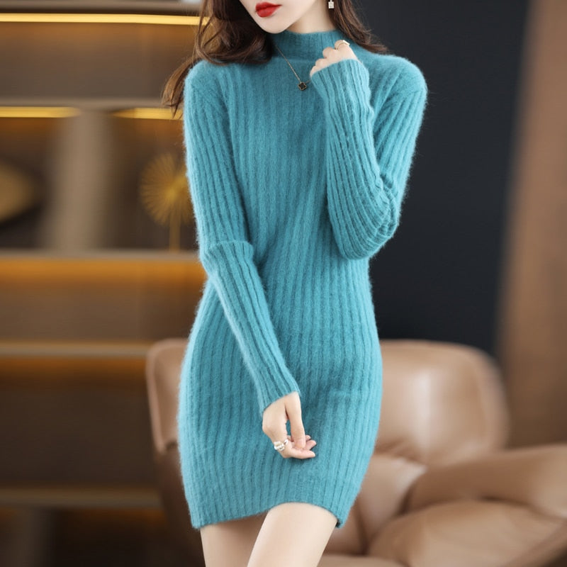 Autumn and Winter Long Women's Sweater 100% Mink Cashmere High Neck Knitted Pullover Korean Fashion Soft Women's Top AMAIO