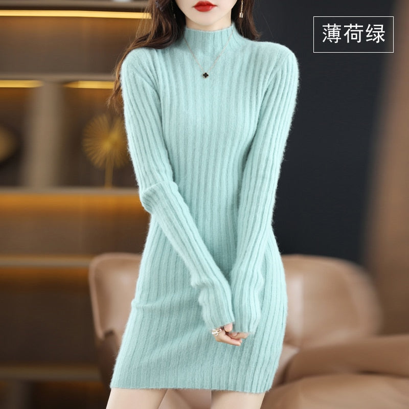 Autumn and Winter Long Women's Sweater 100% Mink Cashmere High Neck Knitted Pullover Korean Fashion Soft Women's Top Mint