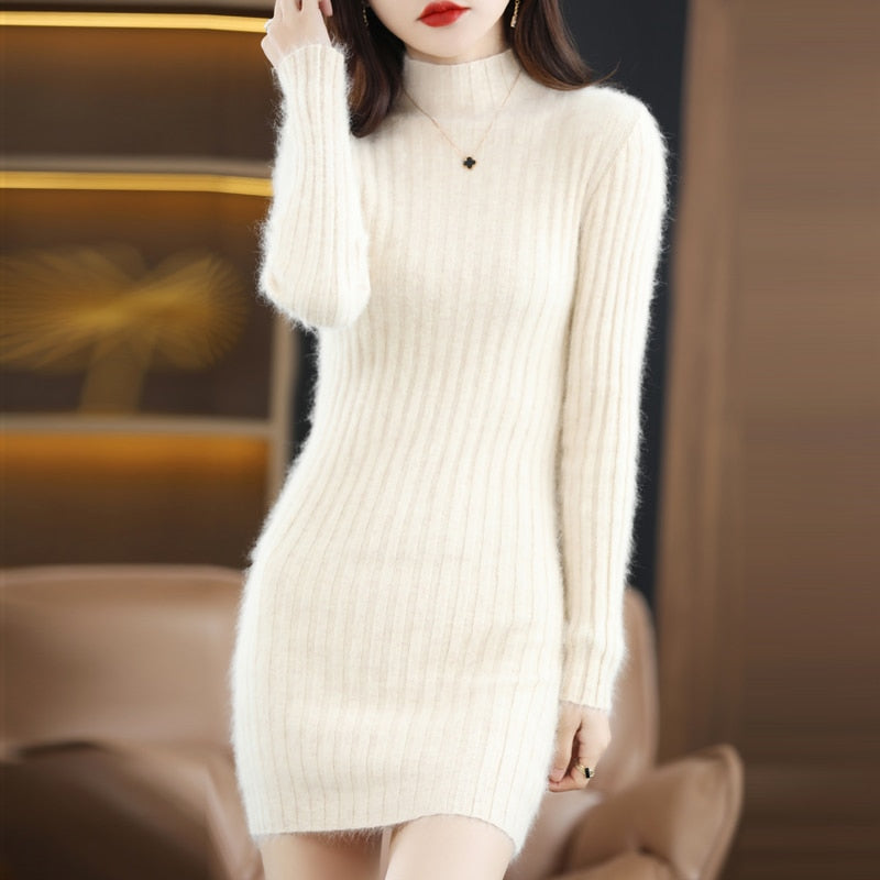 Autumn and Winter Long Women's Sweater 100% Mink Cashmere High Neck Knitted Pullover Korean Fashion Soft Women's Top