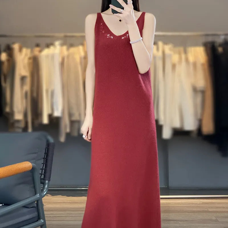 Autumn and Winter New 100% Pure Wool Fashion Versatile Cardigan Hanging Dress Set Large Women's Sweater 2024