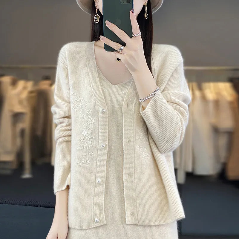 Autumn and Winter New 100% Pure Wool Fashion Versatile Cardigan Hanging Dress Set Large Women's Sweater 2024