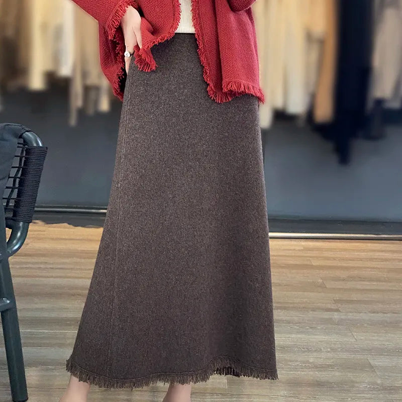 Autumn and Winter New 100% Wool Thickened Solid Color Fashion Versatile Outwear Women's Half Skirt 2024 Mocha brown