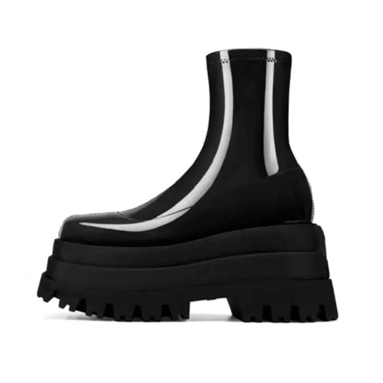 Autumn and Winter New Thick-soled Heightened Women's Boots Waterproof Platform High-heeled Short Boots Fashion Boots black patent leather