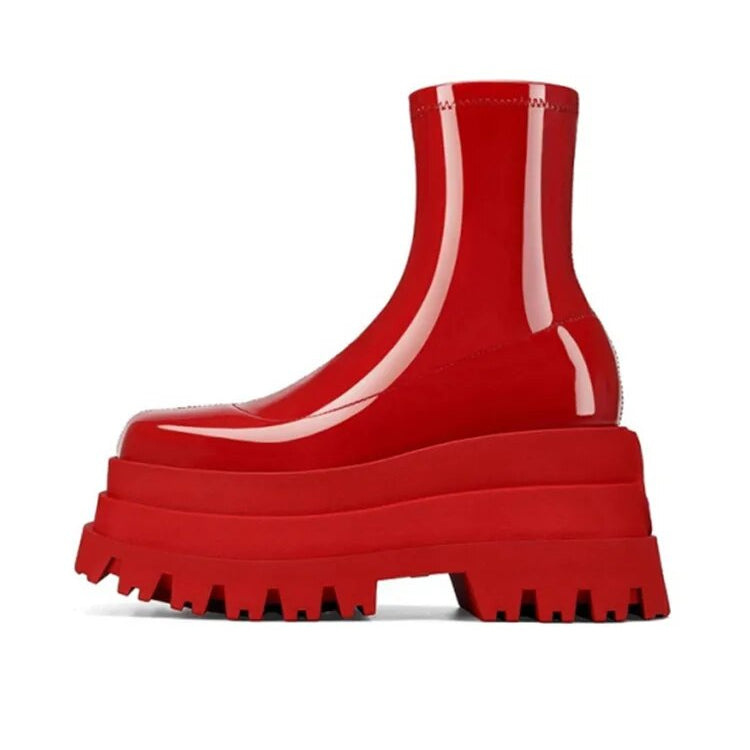 Autumn and Winter New Thick-soled Heightened Women's Boots Waterproof Platform High-heeled Short Boots Fashion Boots red patent leather