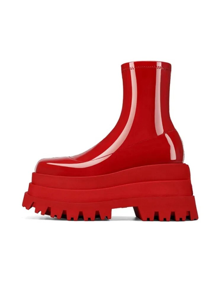 Autumn and Winter New Thick-soled Heightened Women's Boots Waterproof Platform High-heeled Short Boots Fashion Boots red patent leather