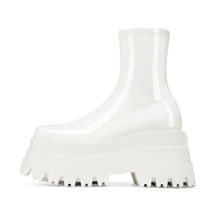 Autumn and Winter New Thick-soled Heightened Women's Boots Waterproof Platform High-heeled Short Boots Fashion Boots white patent leather