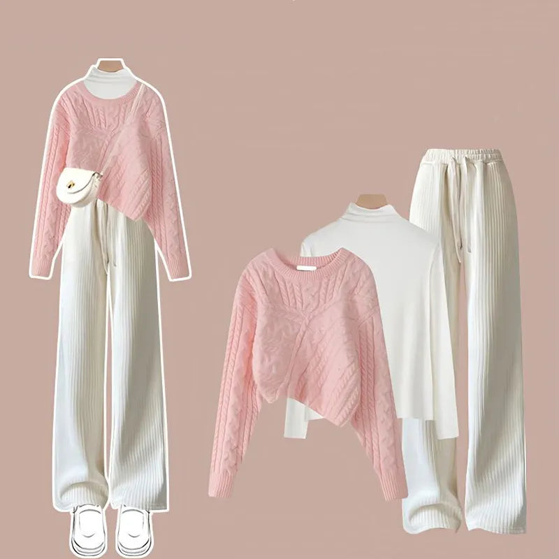 Autumn and Winter Set Women's 2024 New Korean Knitted Sweater Women's Underlay Casual Pants Three Piece Set Winter Clothes Women Three piece set 1