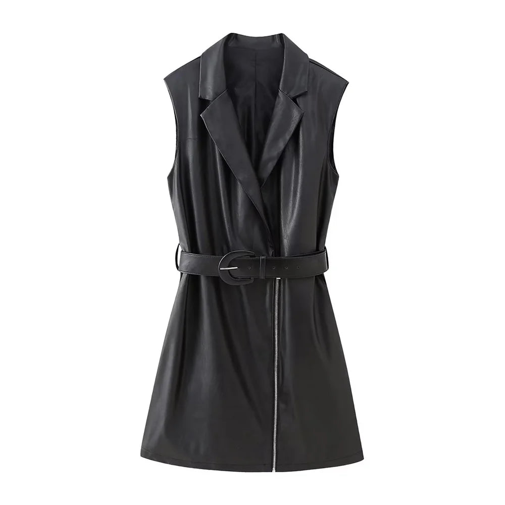 Autumn and Winter Women's Casual Slim Classic Belt Faux Leather Sleeveless Tank Top Dress black