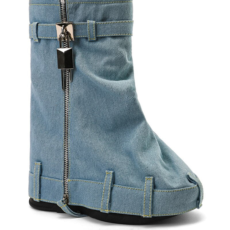 Autumn and Winter Women's New Denim Mid Length Boots Women's Lock Button Trouser Sleeve Thick Sole High Heel Short Boots Women