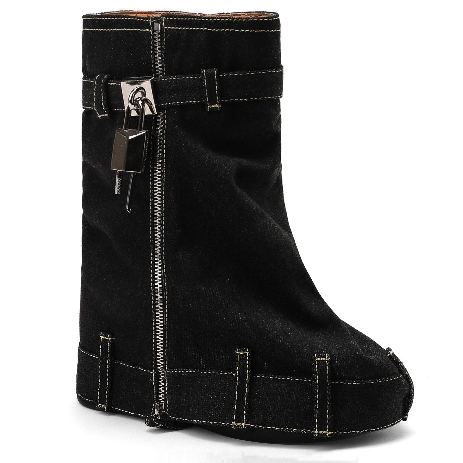 Autumn and Winter Women's New Denim Mid Length Boots Women's Lock Button Trouser Sleeve Thick Sole High Heel Short Boots Women 145-B100-black