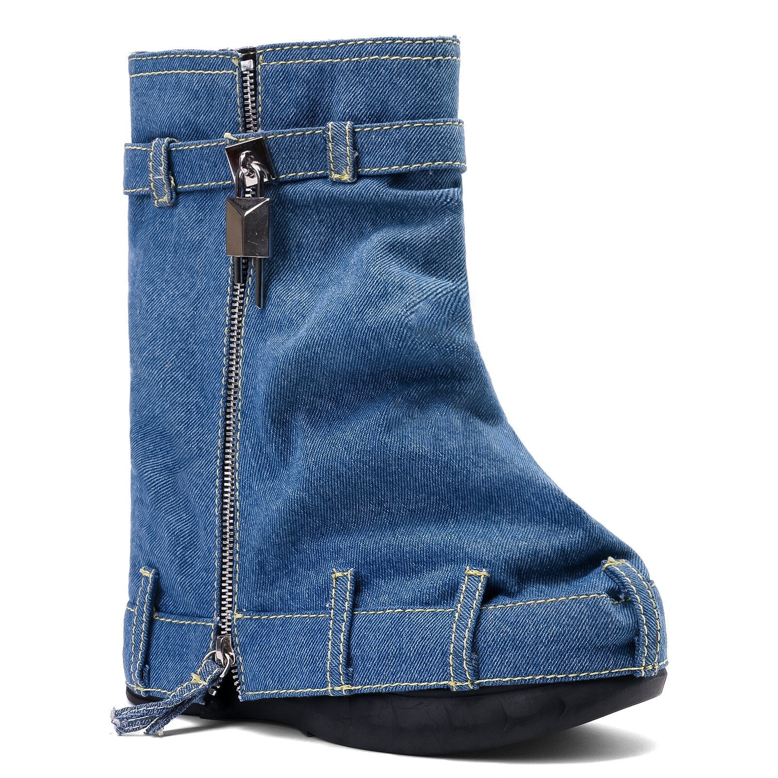 Autumn and Winter Women's New Denim Mid Length Boots Women's Lock Button Trouser Sleeve Thick Sole High Heel Short Boots Women 145-B100-Dark Blue