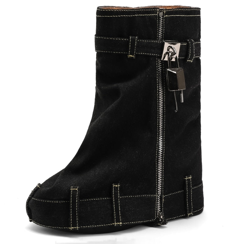 Autumn and Winter Women's New Denim Mid Length Boots Women's Lock Button Trouser Sleeve Thick Sole High Heel Short Boots Women