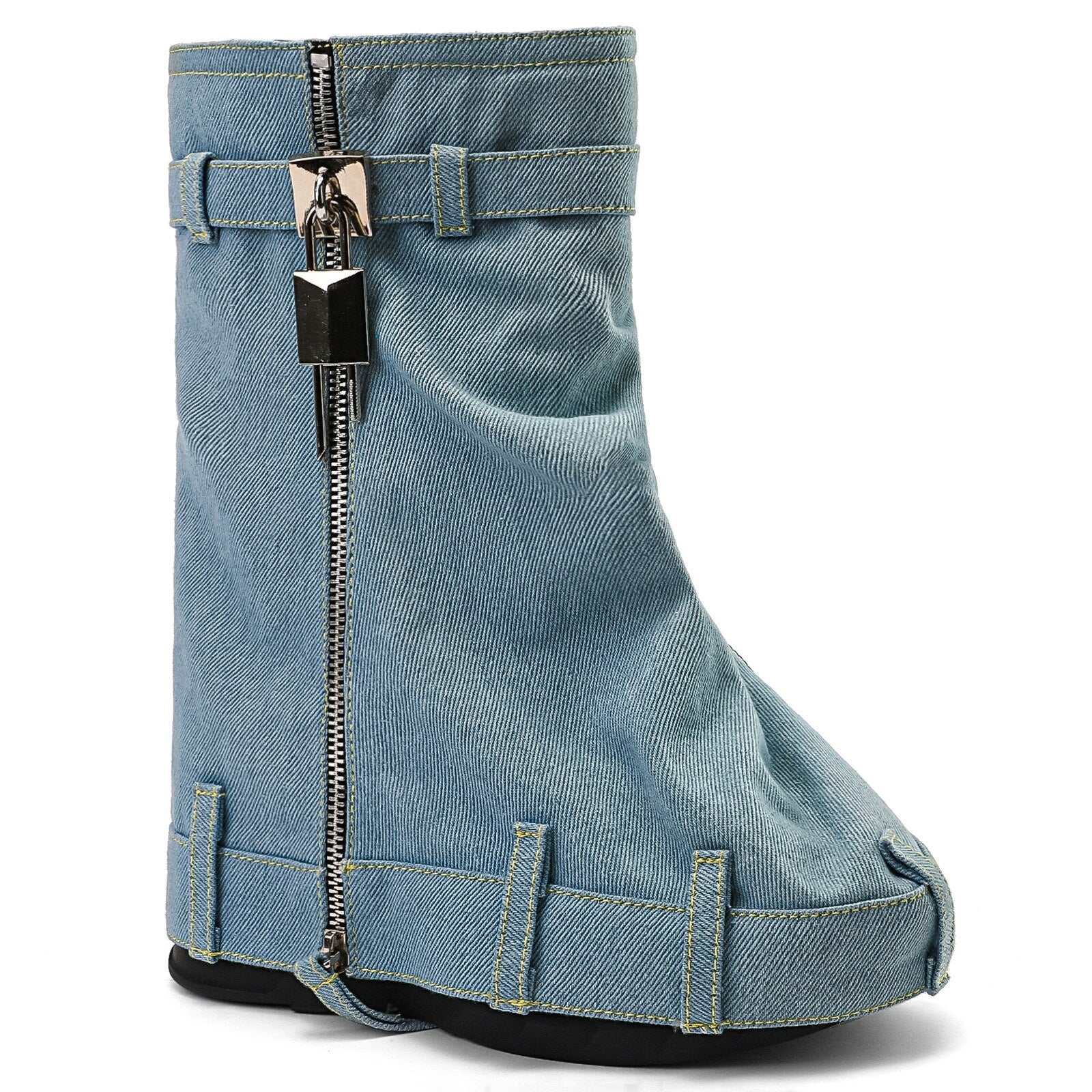Autumn and Winter Women's New Denim Mid Length Boots Women's Lock Button Trouser Sleeve Thick Sole High Heel Short Boots Women 145-B100-baby blue