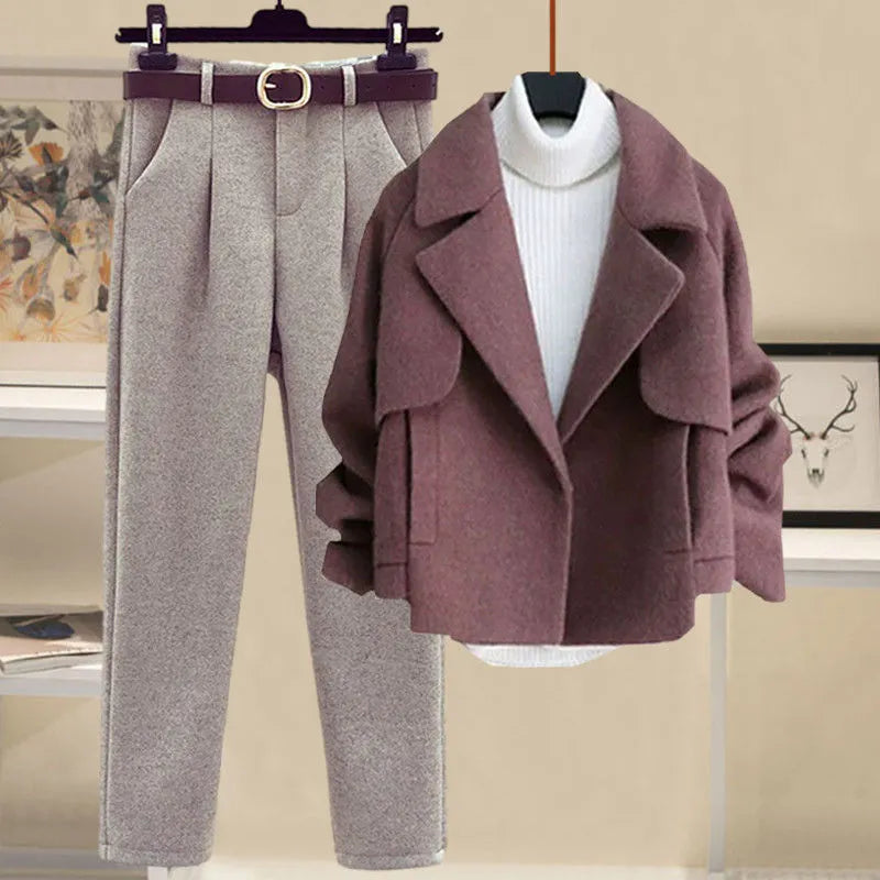 Autumn and Winter Woolen Cardigan Jacket+half High Collar Thickened Bottom Sweater+slim Fitting Woolen Pants Three Piece Set Three-piece suit 03