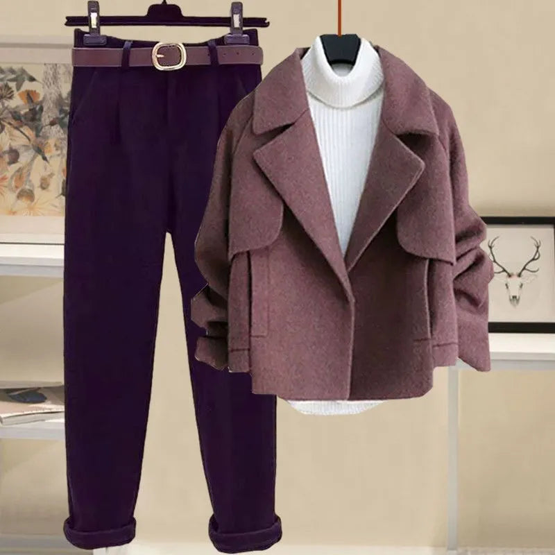 Autumn and Winter Woolen Cardigan Jacket+half High Collar Thickened Bottom Sweater+slim Fitting Woolen Pants Three Piece Set Three-piece suit 04