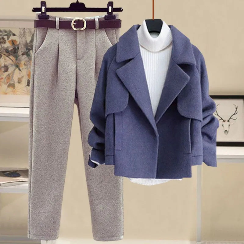 Autumn and Winter Woolen Cardigan Jacket+half High Collar Thickened Bottom Sweater+slim Fitting Woolen Pants Three Piece Set Three-piece suit 01