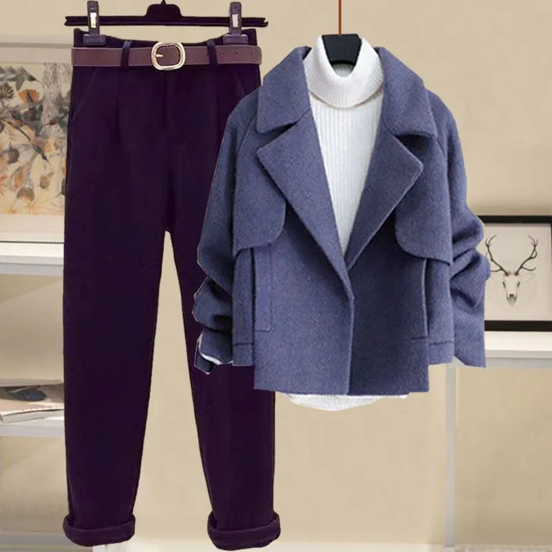 Autumn and Winter Woolen Cardigan Jacket+half High Collar Thickened Bottom Sweater+slim Fitting Woolen Pants Three Piece Set AMAIO