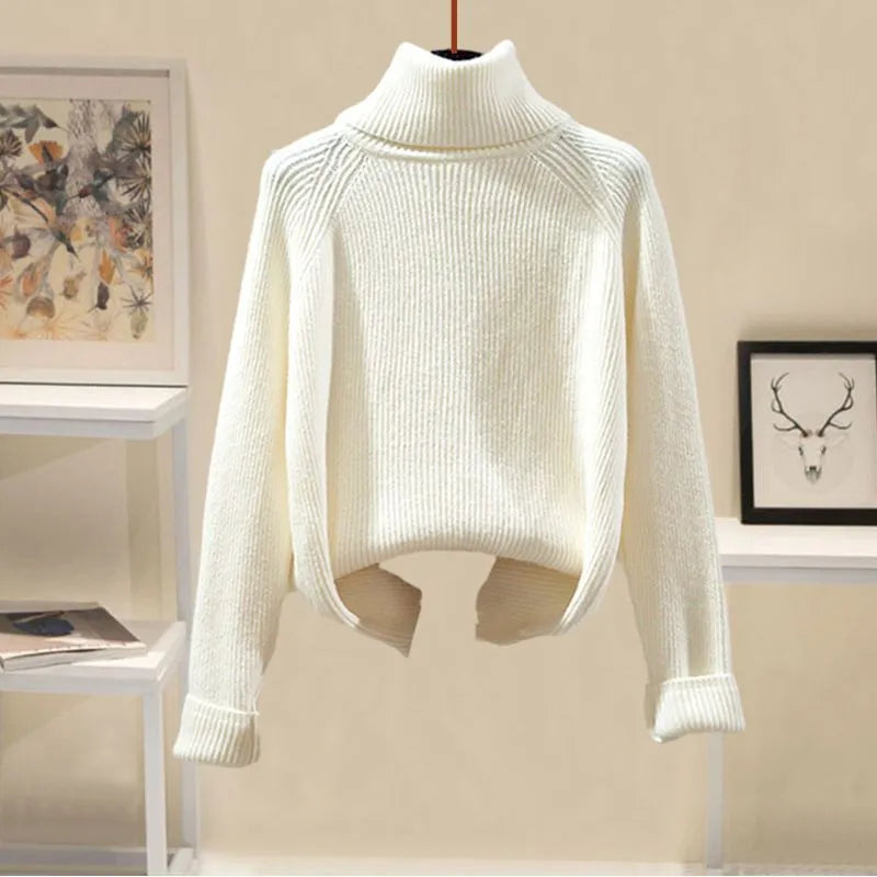 Autumn and Winter Woolen Cardigan Jacket+half High Collar Thickened Bottom Sweater+slim Fitting Woolen Pants Three Piece Set White sweater