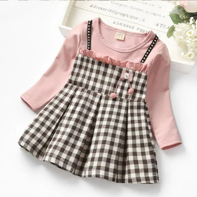 Autumn baby girls rivet plaid long-sleeved dresses Toddler fake two pcs lace princess dresses pink