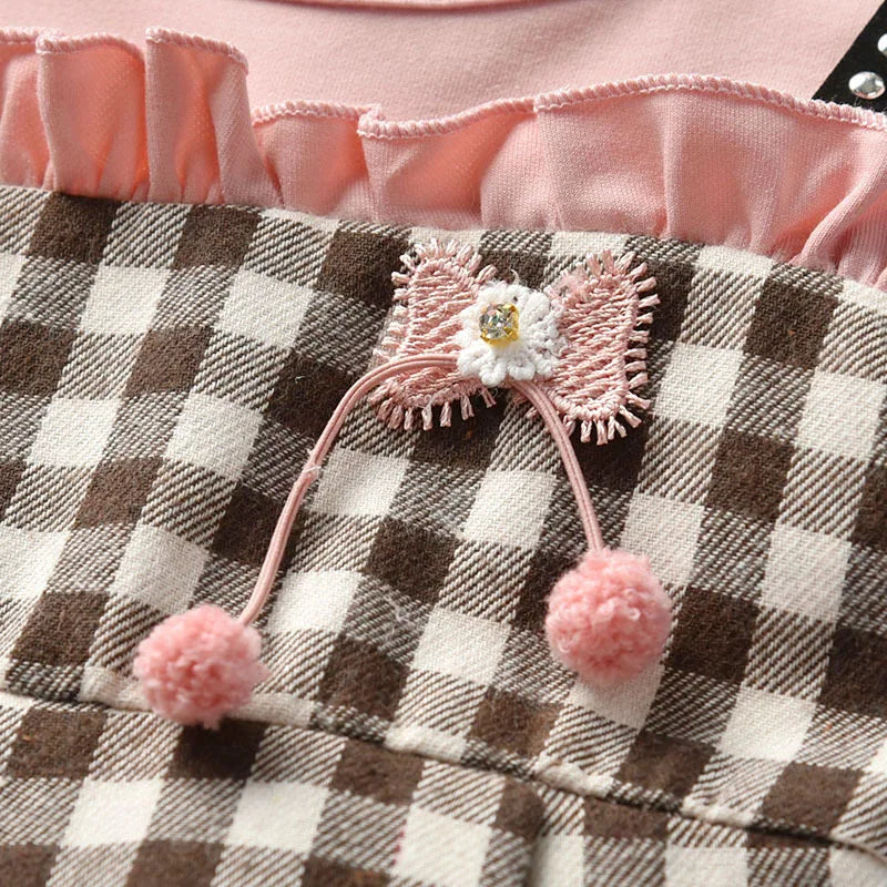 Autumn baby girls rivet plaid long-sleeved dresses Toddler fake two pcs lace princess dresses