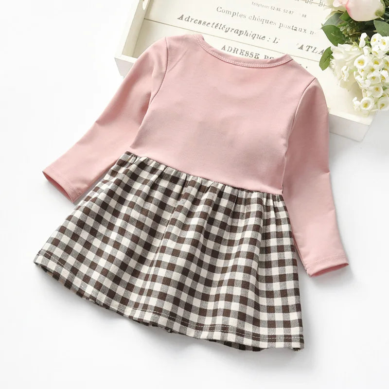Autumn baby girls rivet plaid long-sleeved dresses Toddler fake two pcs lace princess dresses
