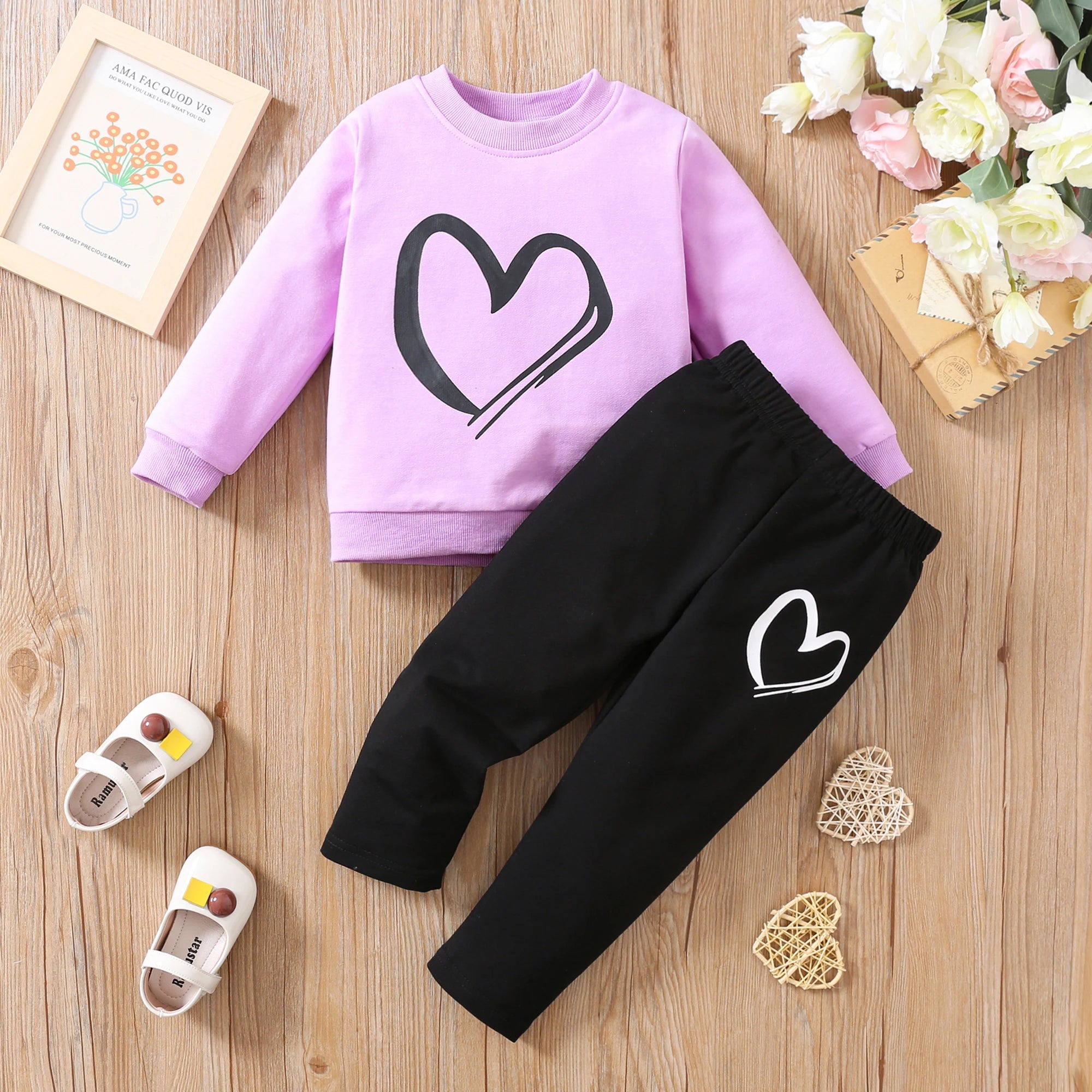 Autumn girls long-sleeved love printed blouse + trousers cotton baby Valentine's day pullover kids fashion casual clothing purple