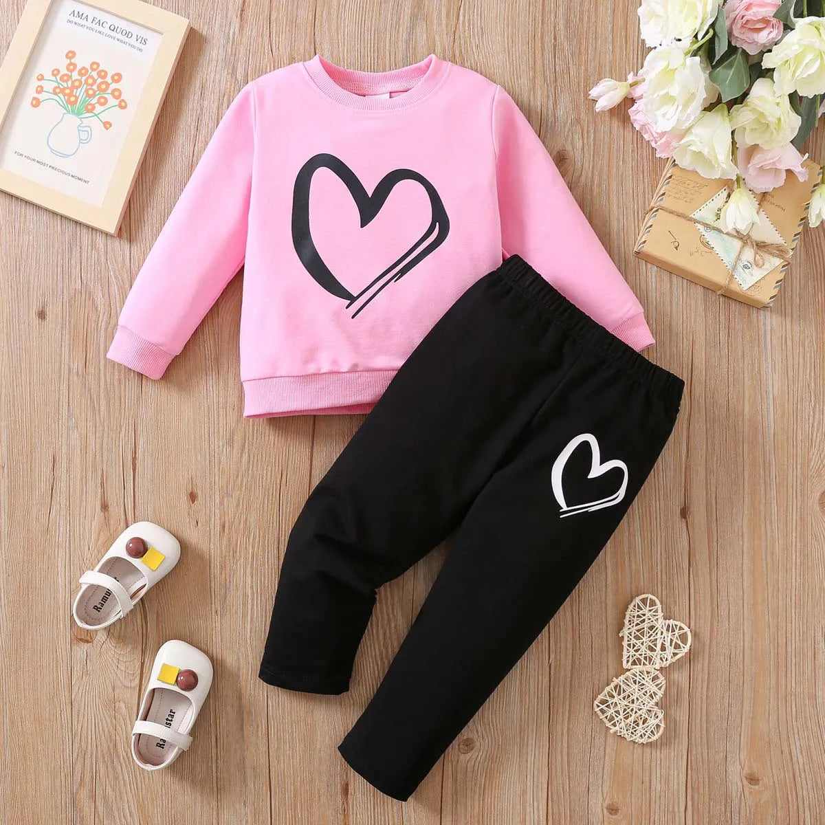 Autumn girls long-sleeved love printed blouse + trousers cotton baby Valentine's day pullover kids fashion casual clothing AMAIO