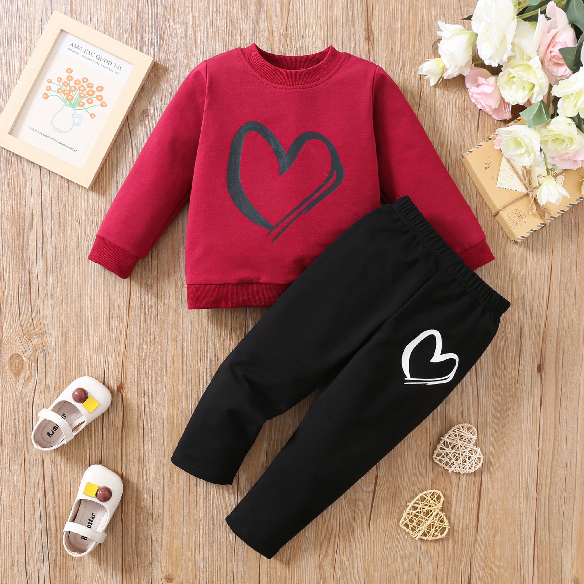 Autumn girls long-sleeved love printed blouse + trousers cotton baby Valentine's day pullover kids fashion casual clothing wine red