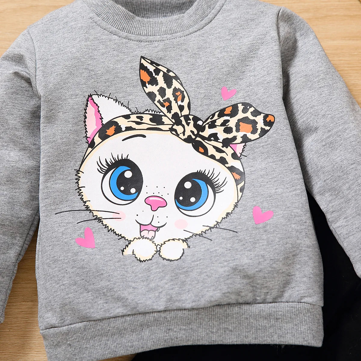 Autumn girls' long-sleeved suit, children's bow, big-eyed cat, long-sleeved two-piece suit, casual style cotton kids clothing
