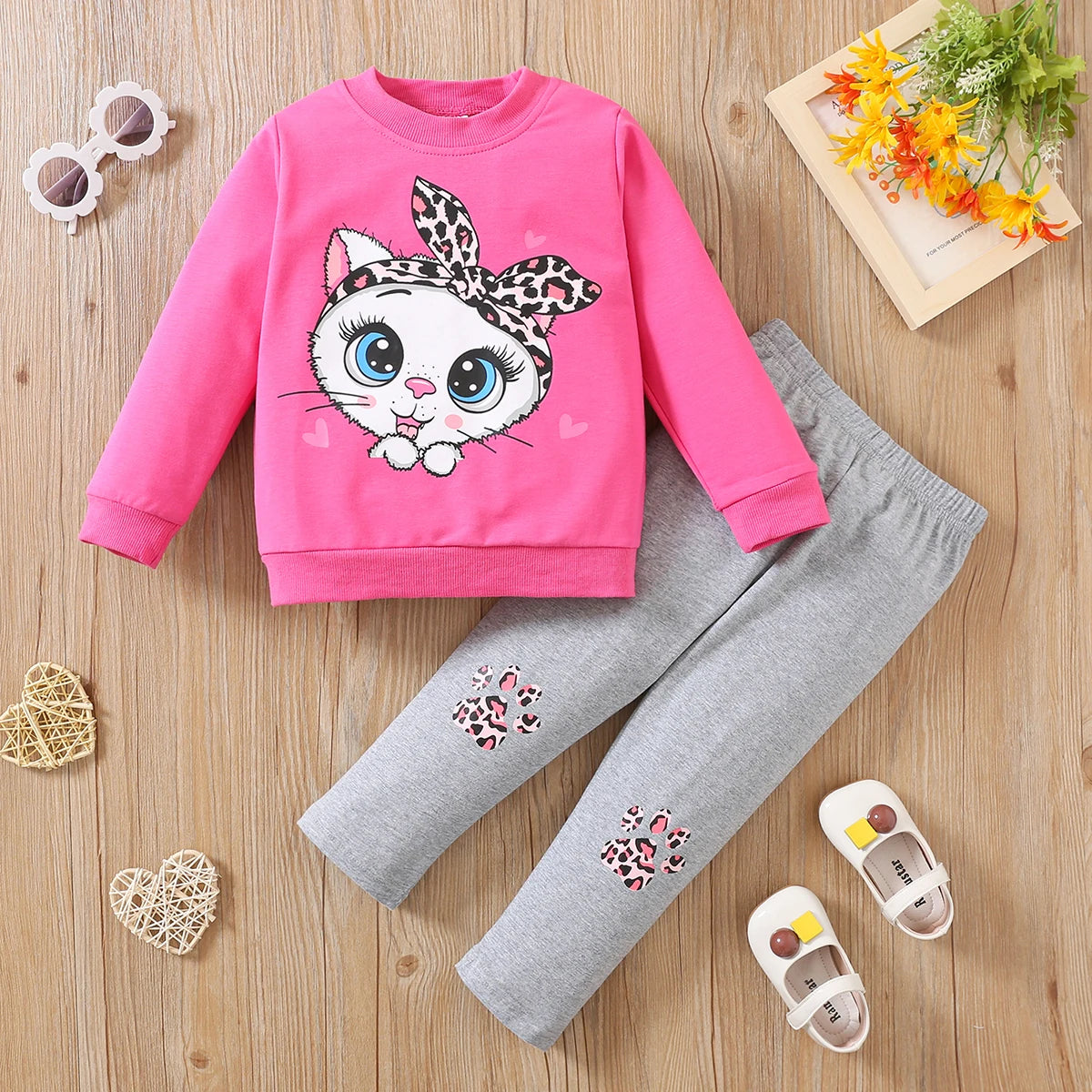 Autumn girls' long-sleeved suit, children's bow, big-eyed cat, long-sleeved two-piece suit, casual style cotton kids clothing Big-eyed cat rose