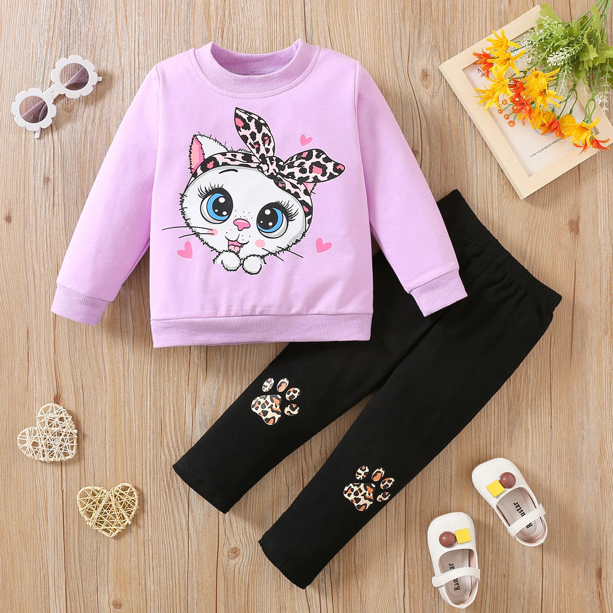 Autumn girls' long-sleeved suit, children's bow, big-eyed cat, long-sleeved two-piece suit, casual style cotton kids clothing Big-eyed cat purple