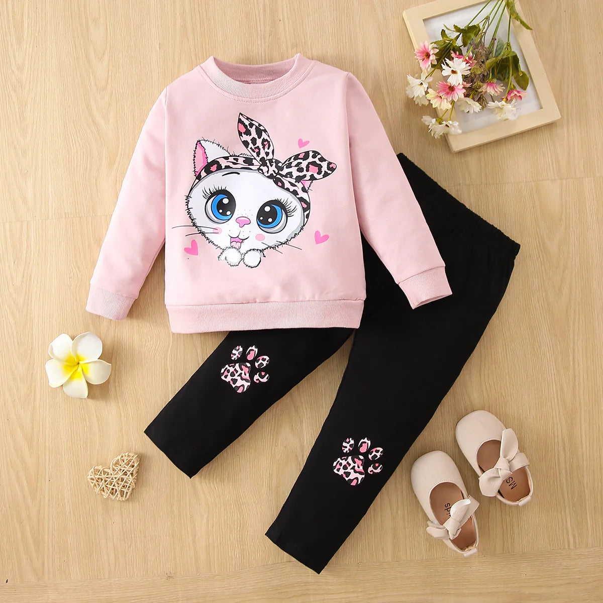 Autumn girls' long-sleeved suit, children's bow, big-eyed cat, long-sleeved two-piece suit, casual style cotton kids clothing Big-eyed cat pink