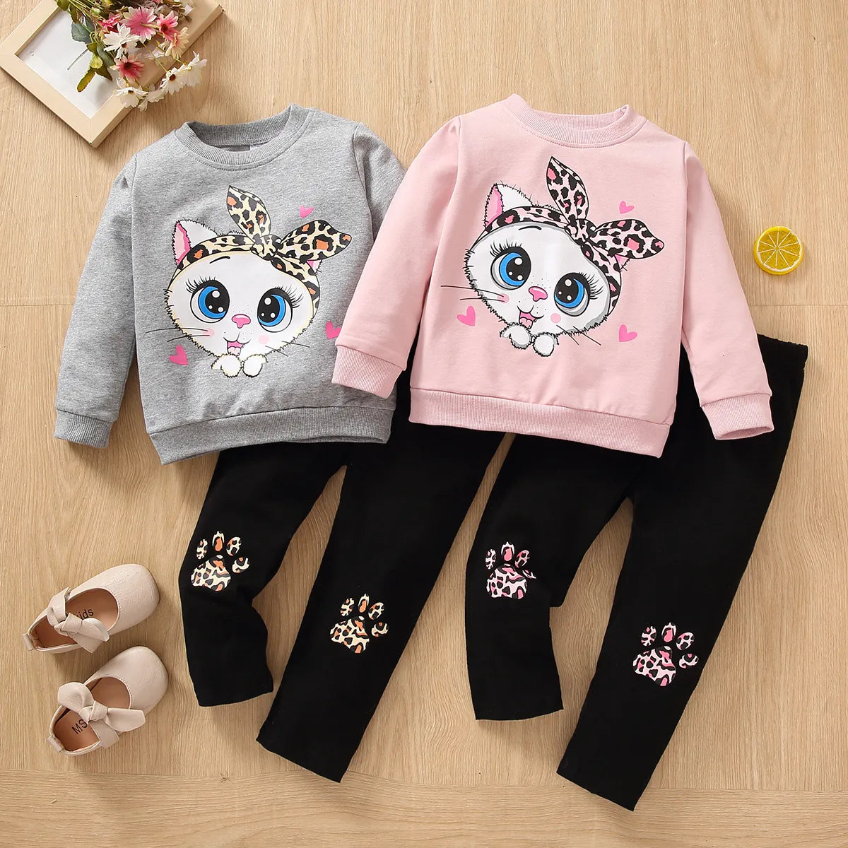 Autumn girls' long-sleeved suit, children's bow, big-eyed cat, long-sleeved two-piece suit, casual style cotton kids clothing AMAIO