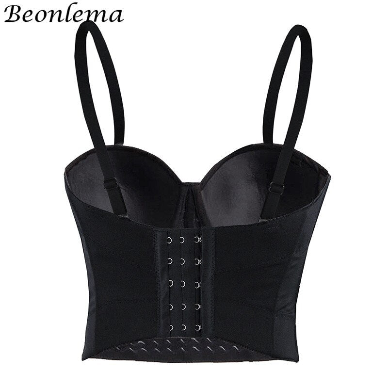 BEONLEMA Steampunk Corset Sexy Gold Silver Spike Bra Punk Goth Lenceria Shiny Bra Top 4 Rows Hooks Eyes for Women Club Wear